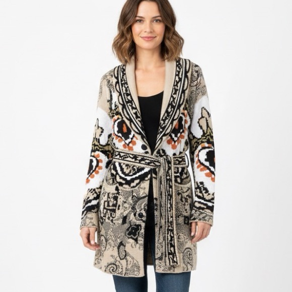 Aldo Martins Sweaters - Aldo Martins Intarsia Knit Wool Button Front Sweater Cardigan Belted Size 8